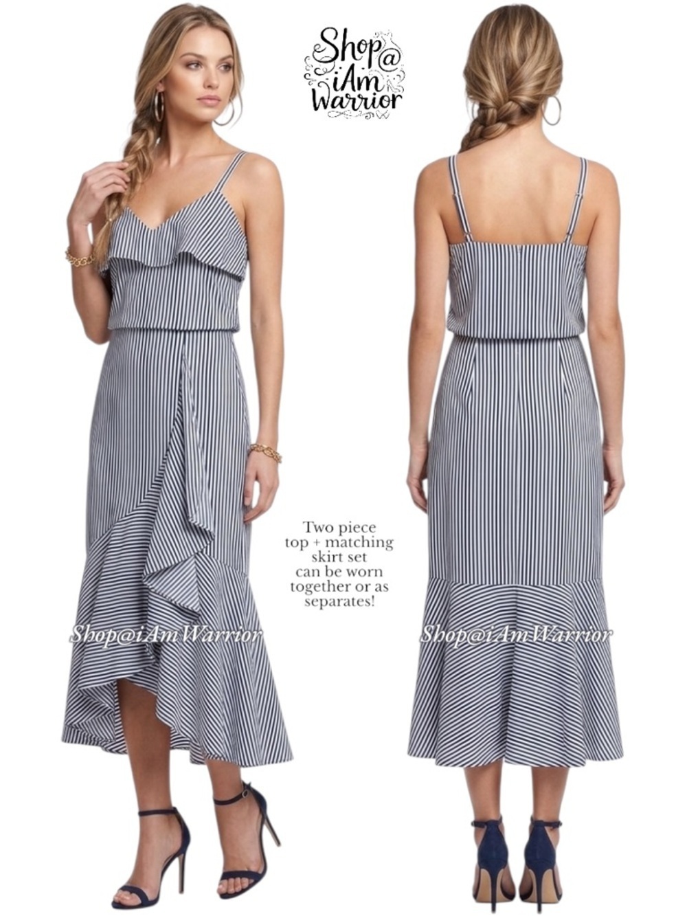 Worth NWT 2 PC blue striped ruffle top + asymmetrical mermaid skirt *iamwarrior